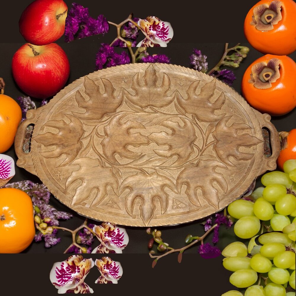 Vintage Handcarved Walnut Wood Large Tray Autumn Leaves Design